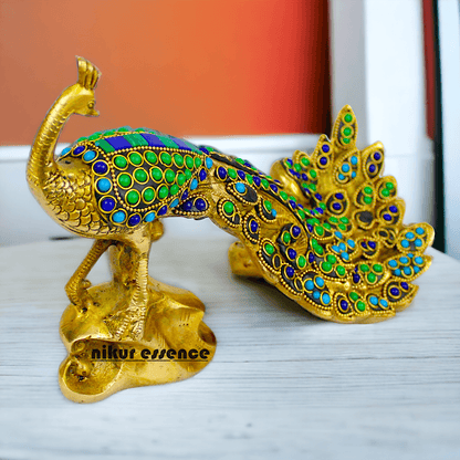 Brass Peacock Idol with Stone work - 12 inch