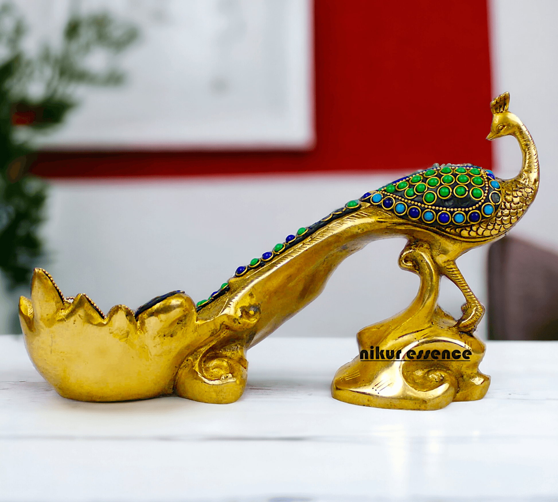 Brass Peacock Idol with Stone work - 12 inch