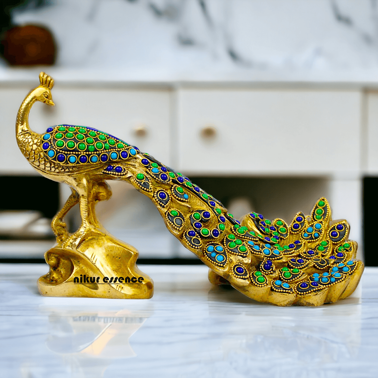 Brass Peacock Idol with Stone work - 12 inch