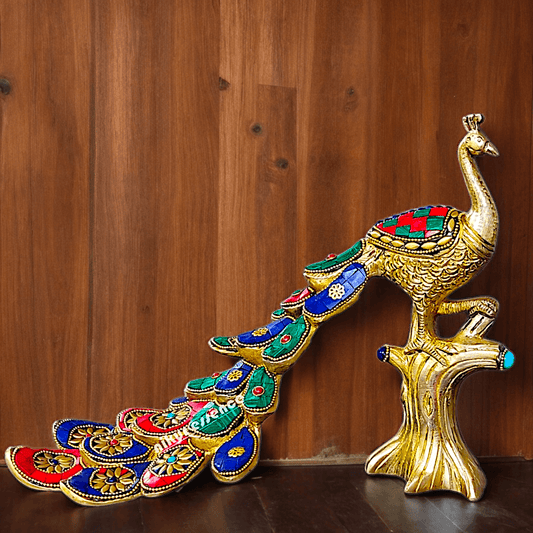 Superfine brass 28 cm Peacock Statue with Multicolor Gemstone Handwork - Stunning Handcrafted Sculpture for Home Decor Idols Nikuressence