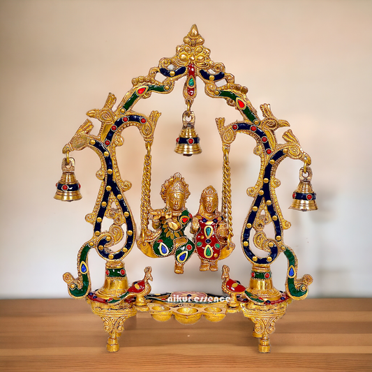 Brass Radha Krishna Jhula with beautiful stone work | 14 inch Idols Nikuressence