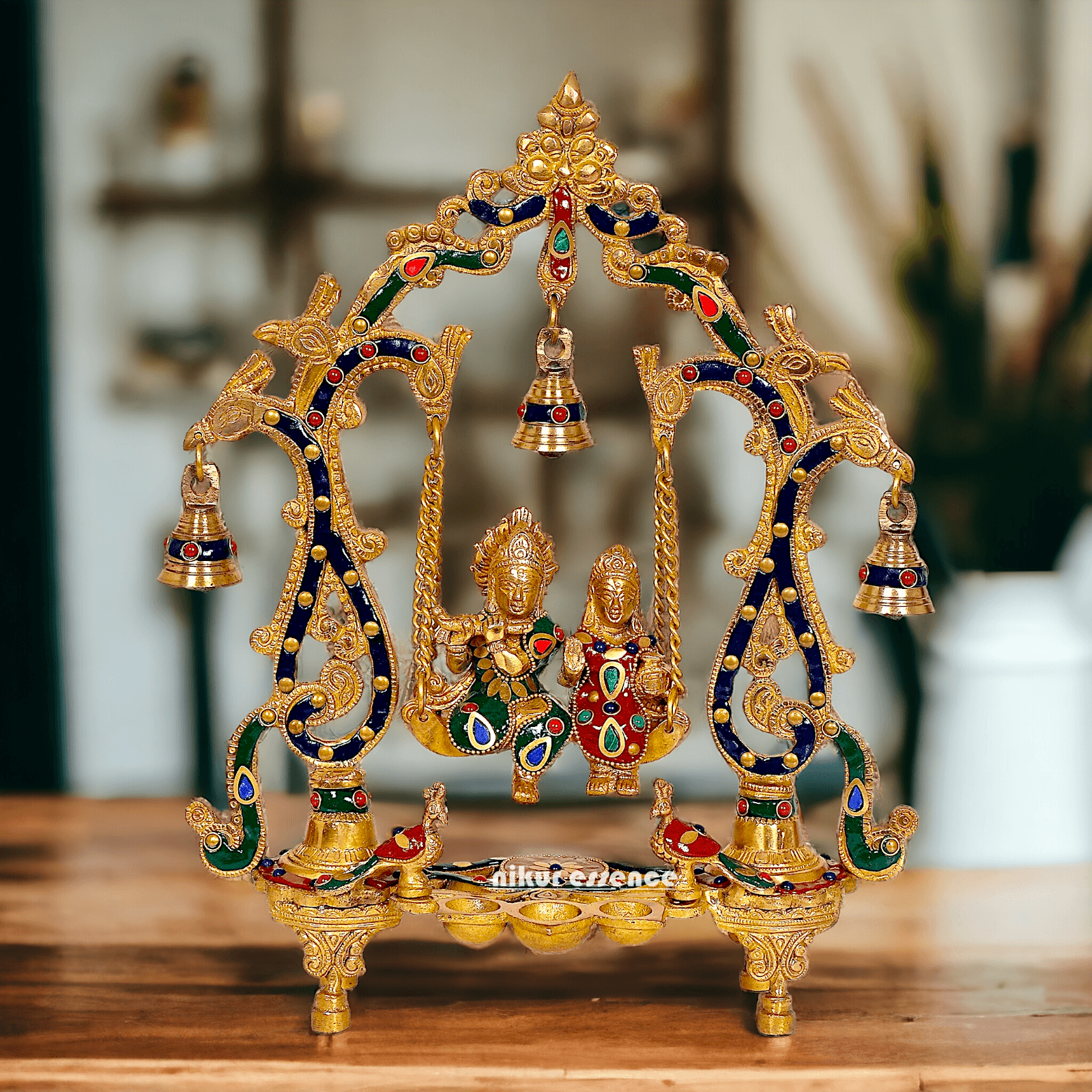 Brass Radha Krishna Jhula with beautiful stone work | Buy Radha Krishna Jhula | 14 inch Idols Nikuressence