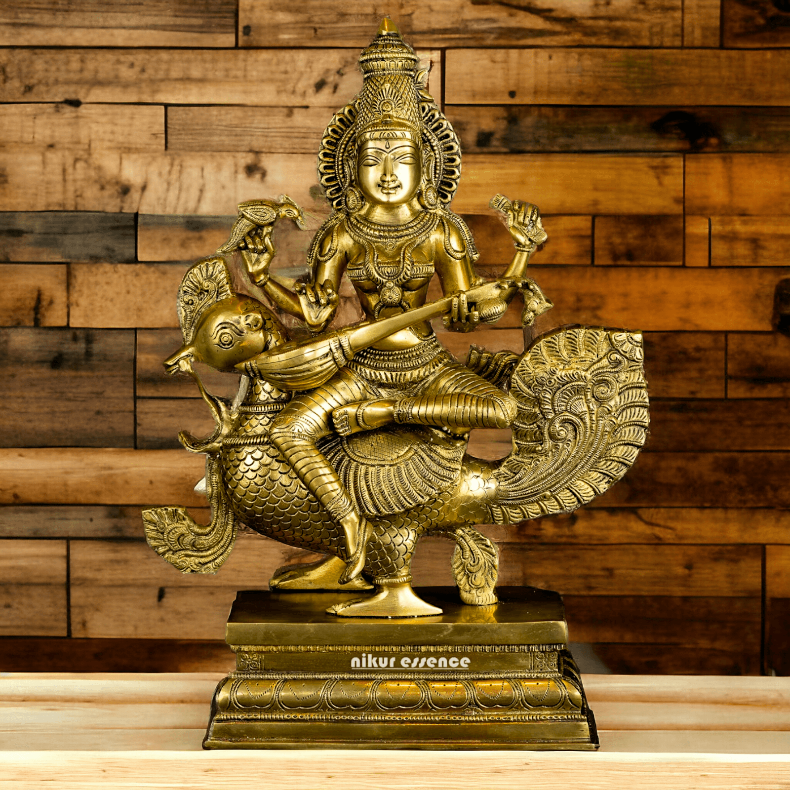 Pure Brass Saraswati Sitting on Swan Figurine - Hindu Goddess of Knowledge, Arts, and Wisdom, Handcrafted Decorative Statue for Home Altar or Office