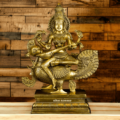 Pure Brass Saraswati Sitting on Swan Figurine - Hindu Goddess of Knowledge, Arts, and Wisdom, Handcrafted Decorative Statue for Home Altar or Office