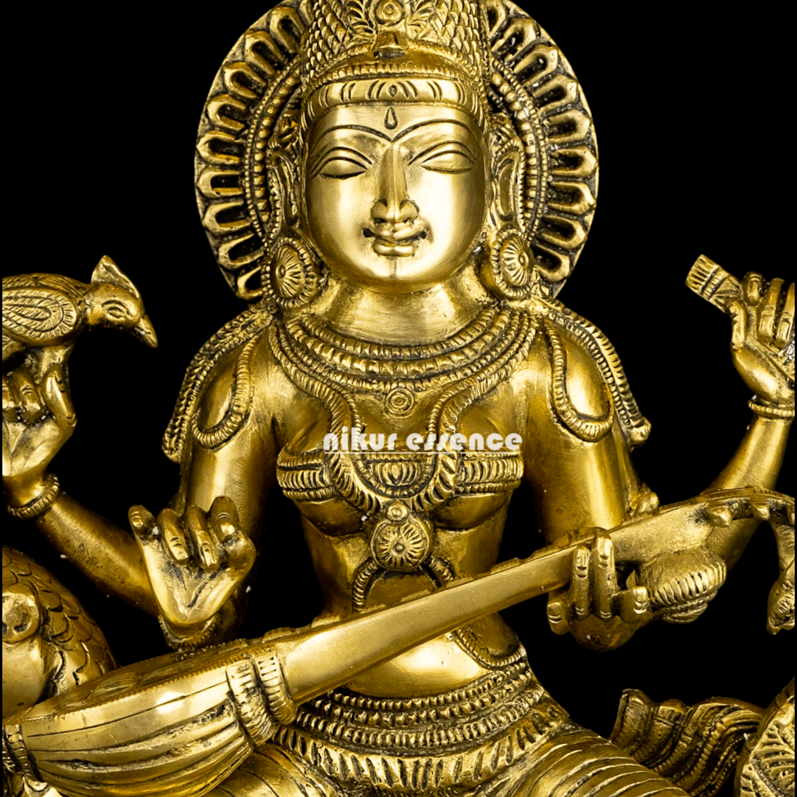 Pure Brass Saraswati Sitting on Swan Figurine - Hindu Goddess of Knowledge, Arts, and Wisdom, Handcrafted Decorative Statue for Home Altar or Office