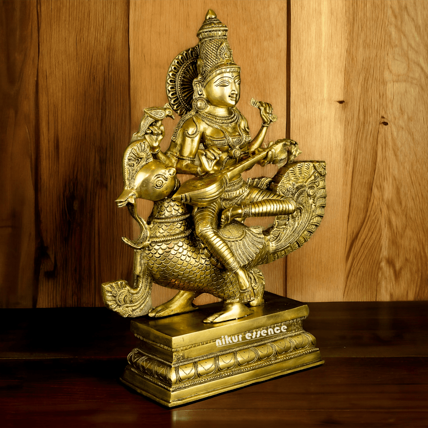 Pure Brass Saraswati Sitting on Swan Figurine - Hindu Goddess of Knowledge, Arts, and Wisdom, Handcrafted Decorative Statue for Home Altar or Office