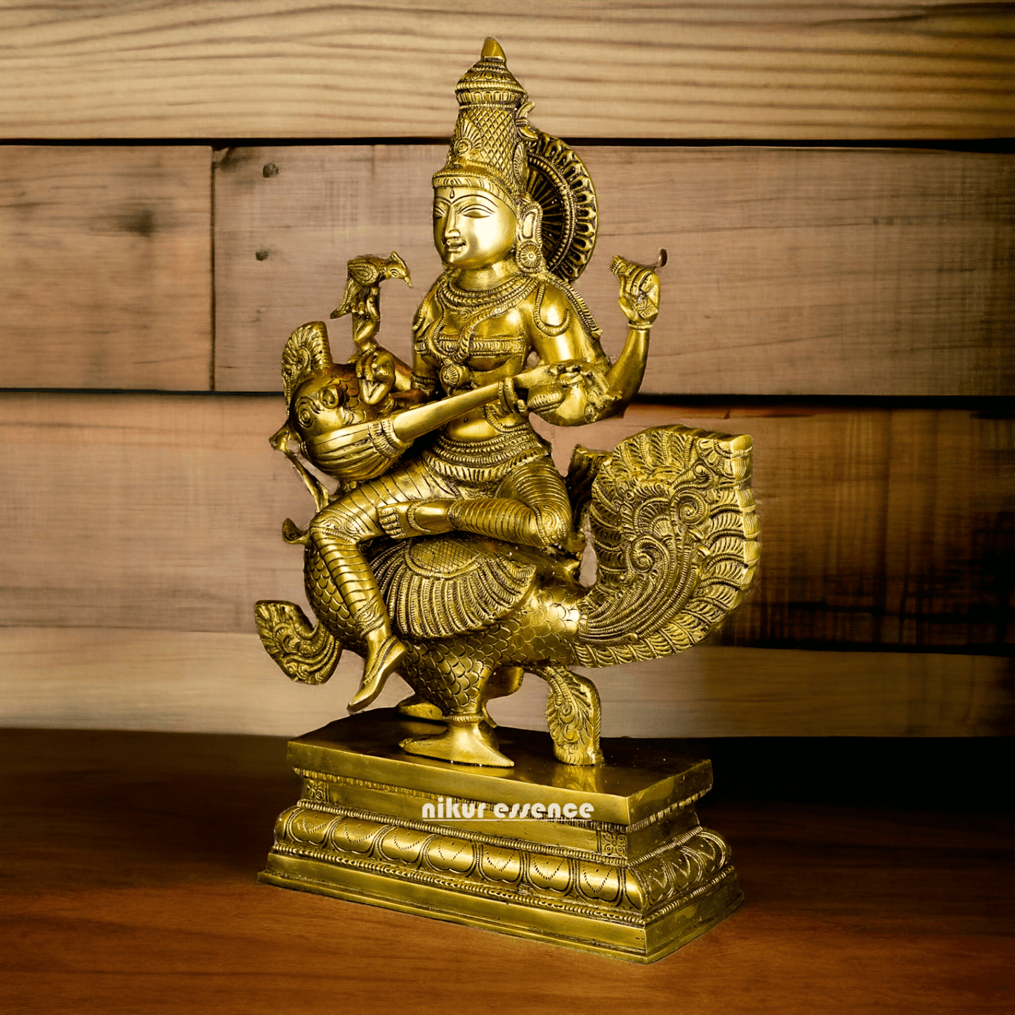 Pure Brass Saraswati Sitting on Swan Figurine - Hindu Goddess of Knowledge, Arts, and Wisdom, Handcrafted Decorative Statue for Home Altar or Office