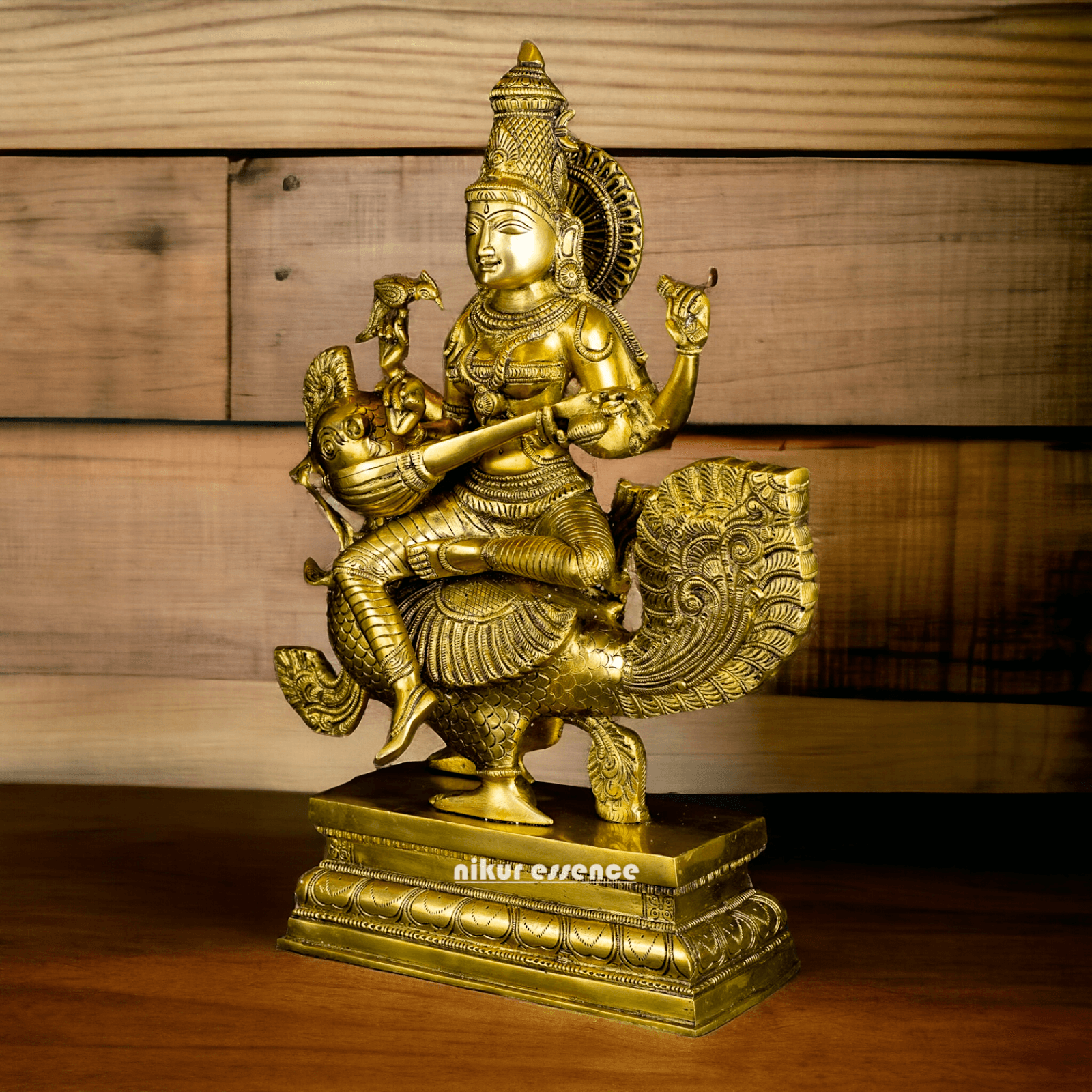 Pure Brass Saraswati Sitting on Swan Figurine - Hindu Goddess of Knowledge, Arts, and Wisdom, Handcrafted Decorative Statue for Home Altar or Office