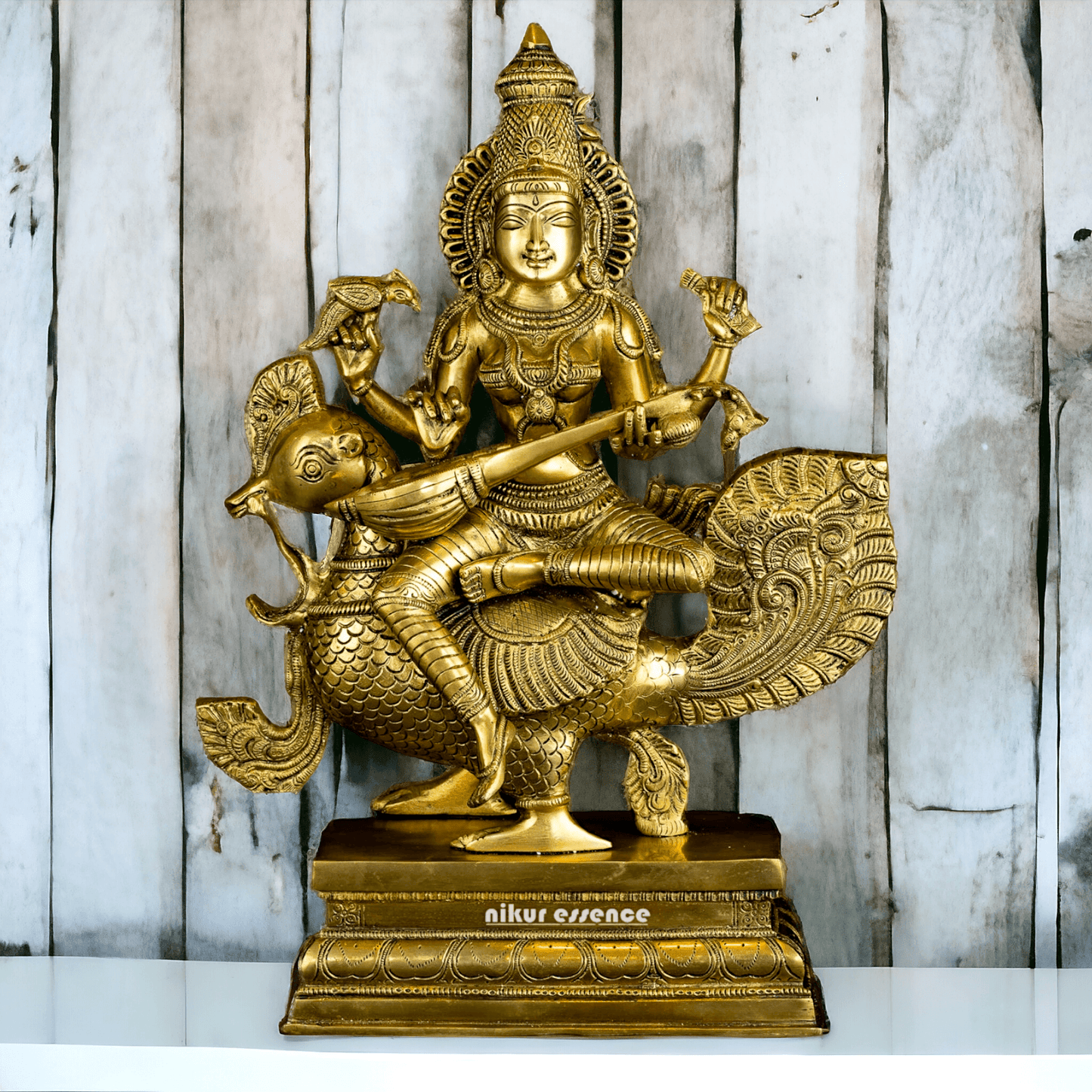 Pure Brass Saraswati Sitting on Swan Figurine - Hindu Goddess of Knowledge, Arts, and Wisdom, Handcrafted Decorative Statue for Home Altar or Office