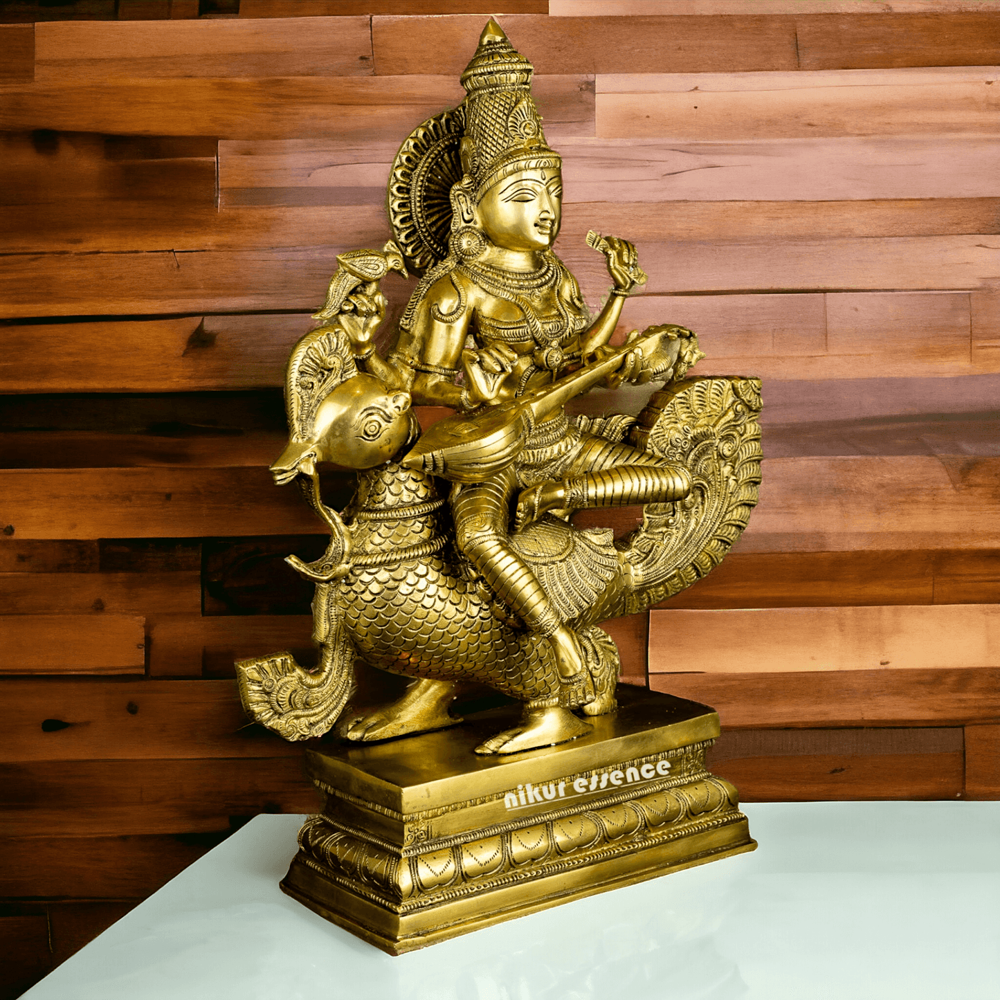 Pure Brass Saraswati Sitting on Swan Figurine - Hindu Goddess of Knowledge, Arts, and Wisdom, Handcrafted Decorative Statue for Home Altar or Office