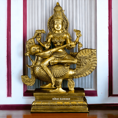 Pure Brass Saraswati Sitting on Swan Figurine - Hindu Goddess of Knowledge, Arts, and Wisdom, Handcrafted Decorative Statue for Home Altar or Office