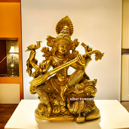 Buy Brass Saraswati Idol 28 cm , Elegant Brass Sculpture of Goddess Saraswati