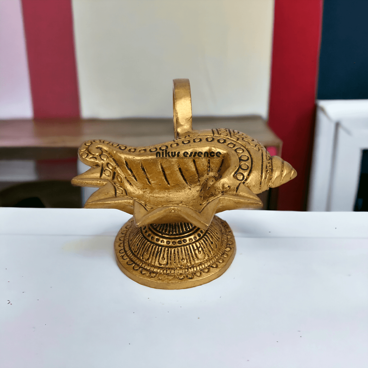 Solid Brass Shankh Shape Oil lamp Diya by Nikur Essence - 4 Inch Idols Nikuressence