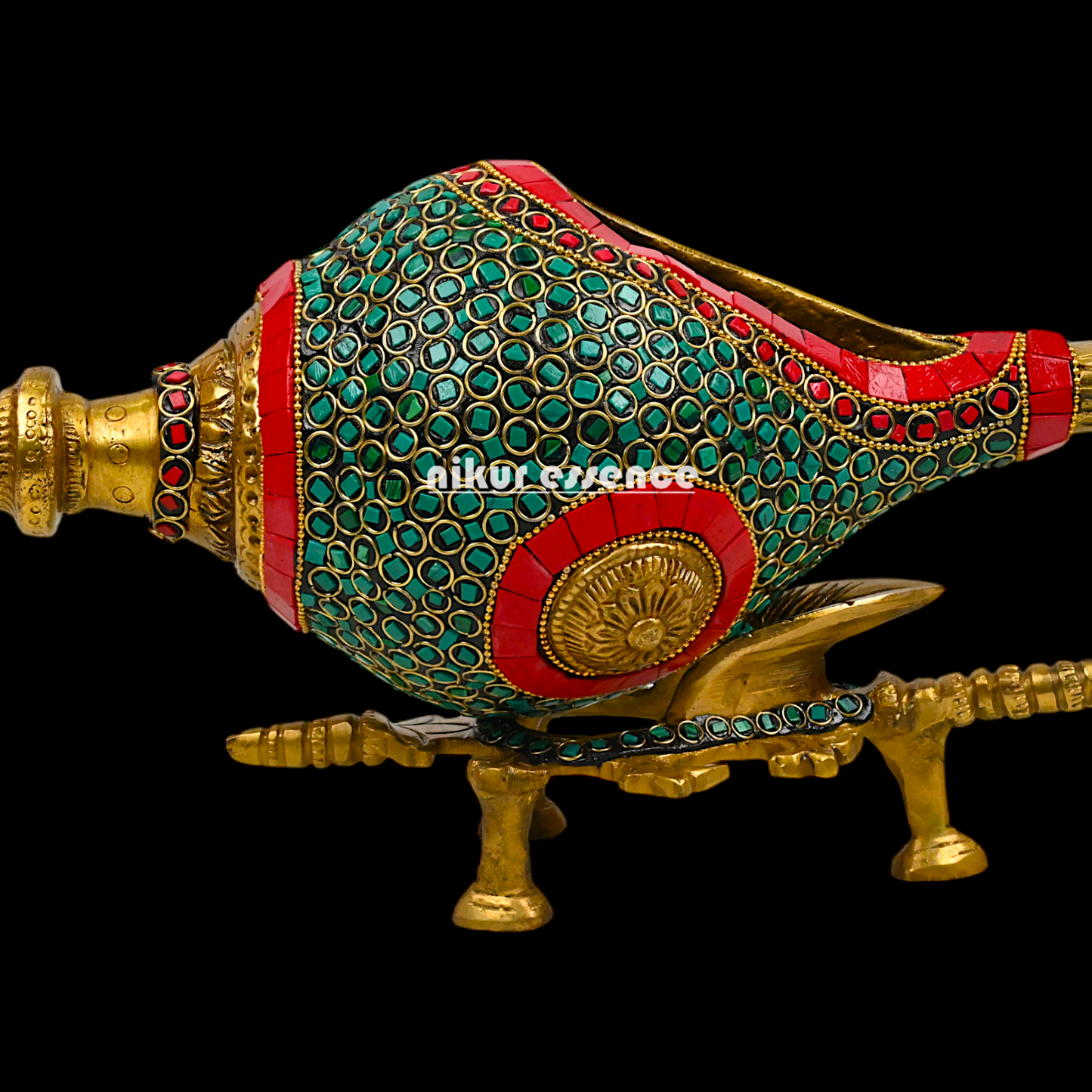 Large Brass Shankh with stand stone work by Nikur Essence - 13 Inch height