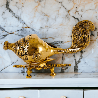 Buy Brass Showpiece Shankh with Elegant Stand – Ideal for Home Décor, Spiritual Enhancements, and Traditional Gifts