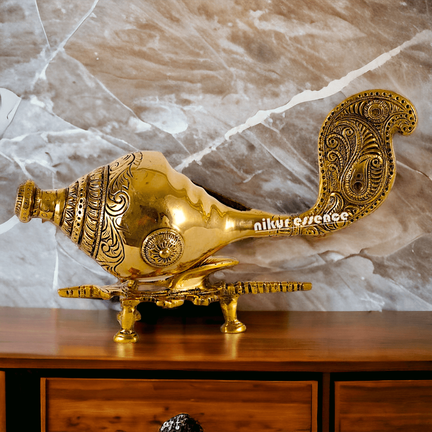 Buy Brass Showpiece Shankh with Elegant Stand – Ideal for Home Décor, Spiritual Enhancements, and Traditional Gifts