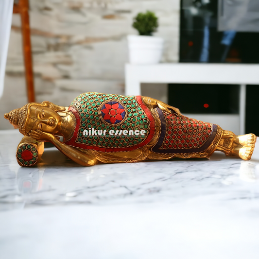 Buy Brass Sleeping Buddha Statue with Intricate Stone Inlay – Handcrafted Serenity and Tranquility for Your Home or Garden