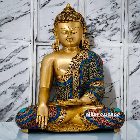 Brass Statue of Buddha in a Poised Dharma Preaching Pose – Detailed Handcrafted Sculpture with Intricate Symbolism Idols Nikuressence