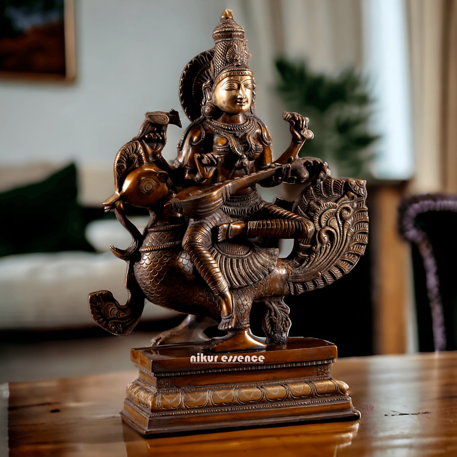 Brass Statue of Hindu Goddess Saraswati, the Patron of Wisdom, Playing Veena atop a Majestic Peacock with a Parrot Perched on Her Hand, 20 Inches