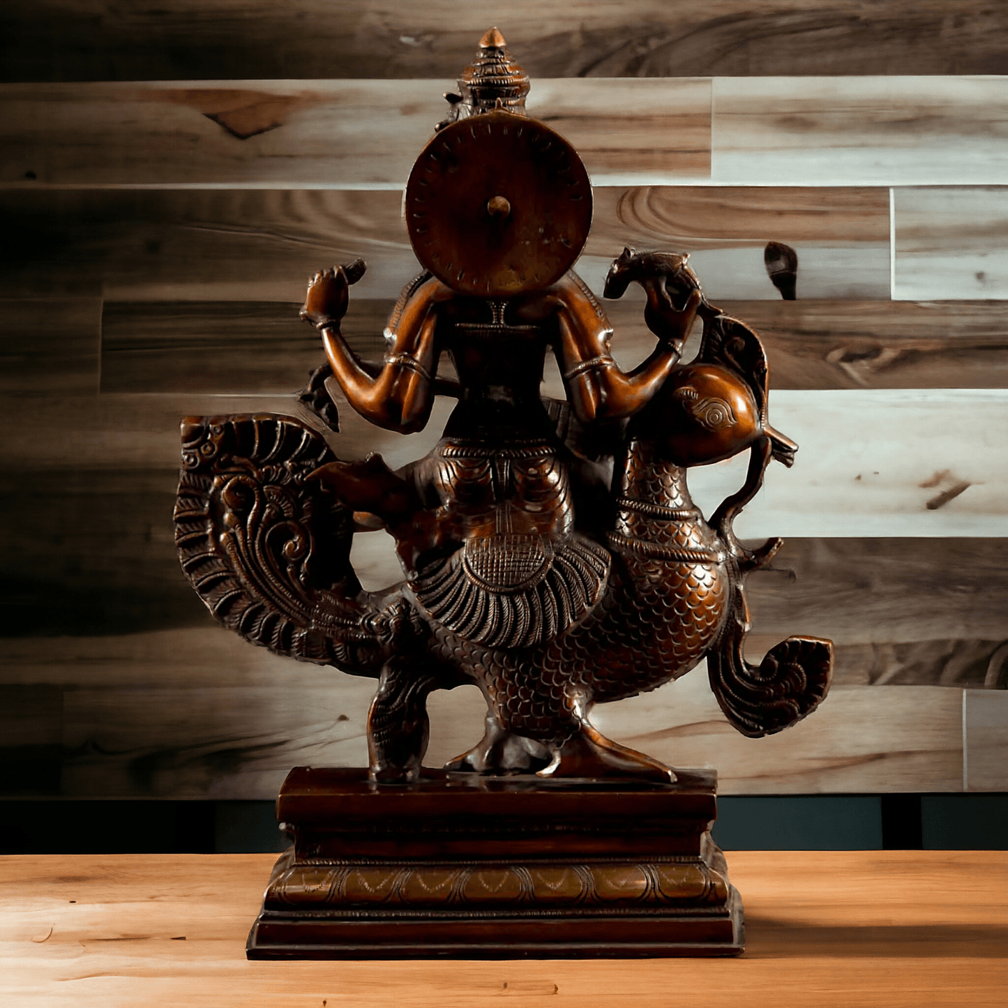 Brass Statue of Hindu Goddess Saraswati, the Patron of Wisdom, Playing Veena atop a Majestic Peacock with a Parrot Perched on Her Hand, 20 Inches