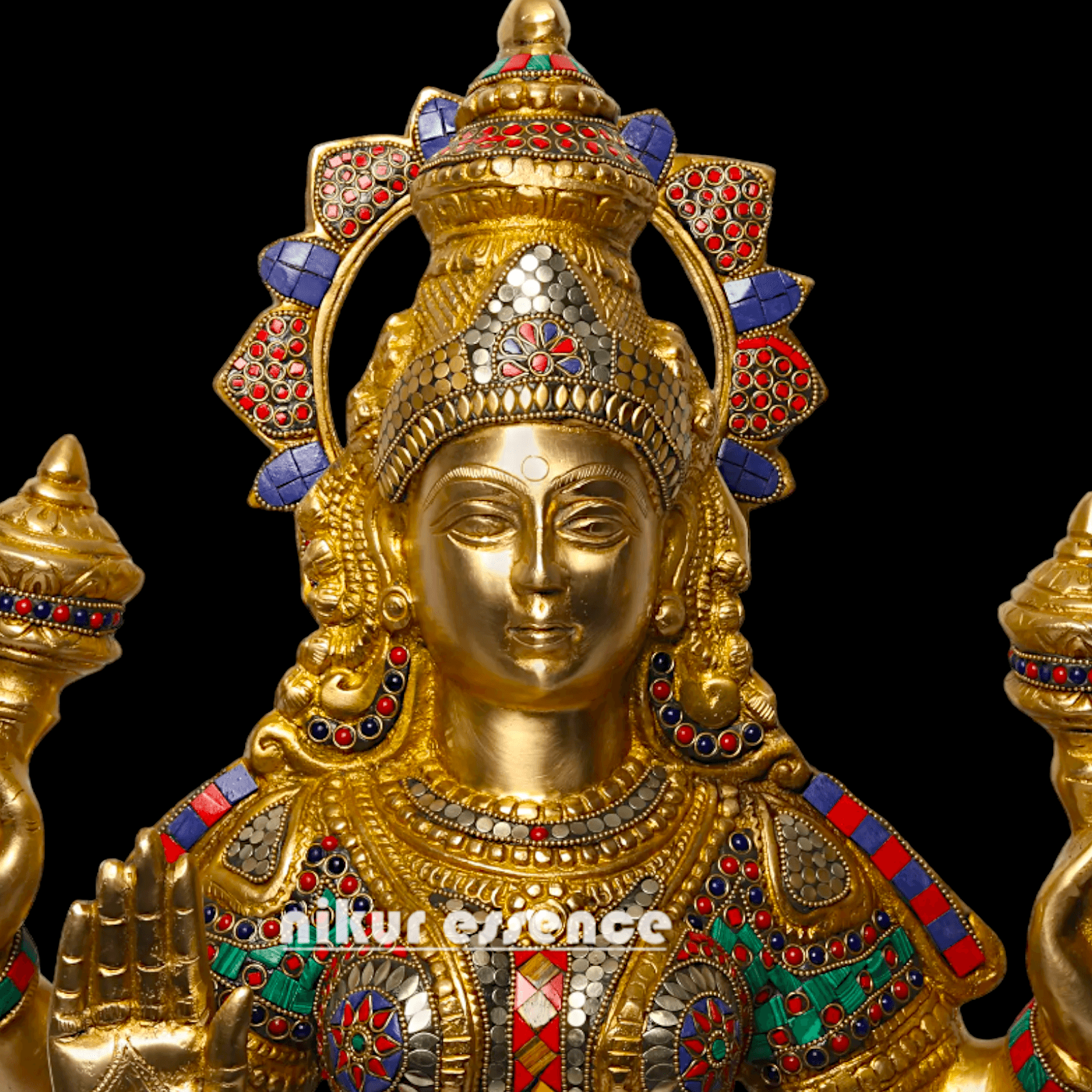 Buy Online Brass Statue of Lakshmi, Sitting Gracefully with Four Arms, Adorned with Intricate Inlay Work