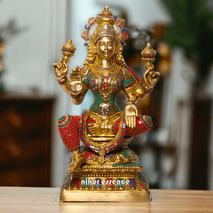 Buy Online Brass Statue of Lakshmi, Sitting Gracefully with Four Arms, Adorned with Intricate Inlay Work