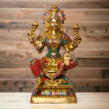 Buy Online Brass Statue of Lakshmi, Sitting Gracefully with Four Arms, Adorned with Intricate Inlay Work