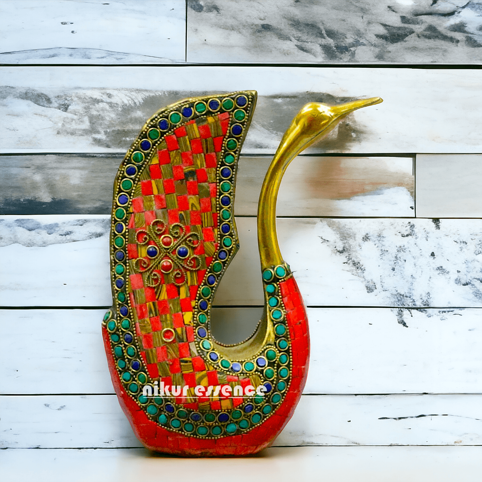 Brass Swan Figurine Adorned with Sparkling Gemstones – A Stunningly Elegant Decorative Sculpture Idols Nikuressence