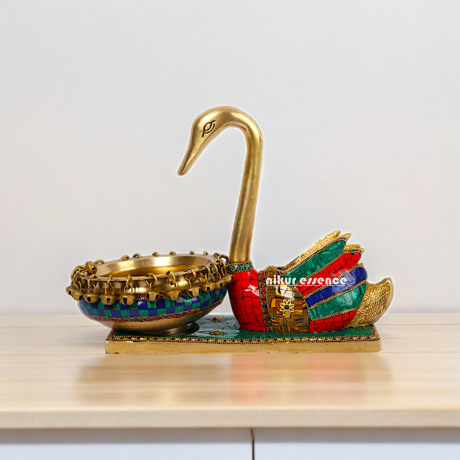 Online Buy brass Swan Urli Bowl with Intricate Inlay Work - Exquisite Handcrafted Decorative Centerpiece by Nikur Essence Idols Nikuressence