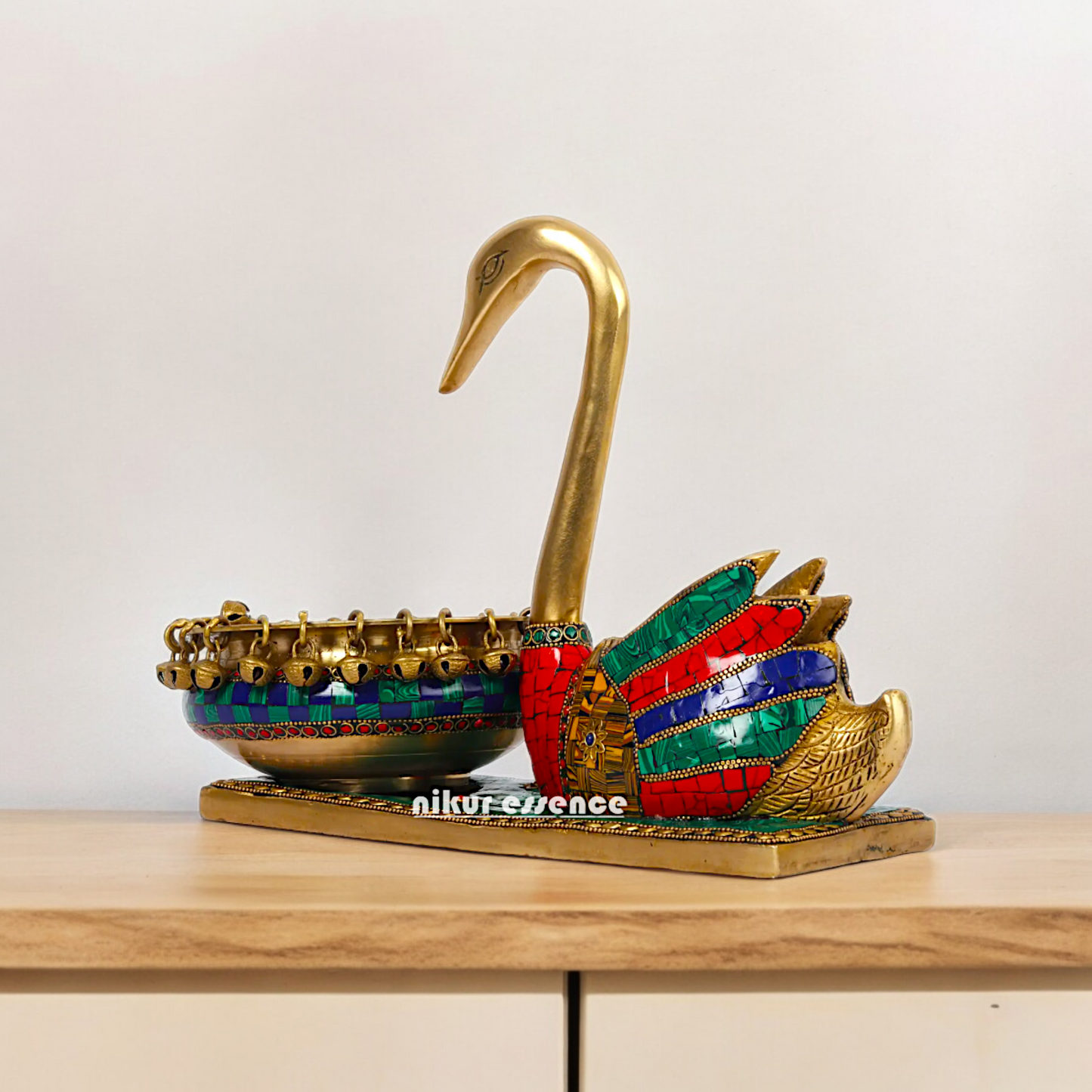 Online Buy brass Swan Urli Bowl with Intricate Inlay Work - Exquisite Handcrafted Decorative Centerpiece by Nikur Essence Idols Nikuressence