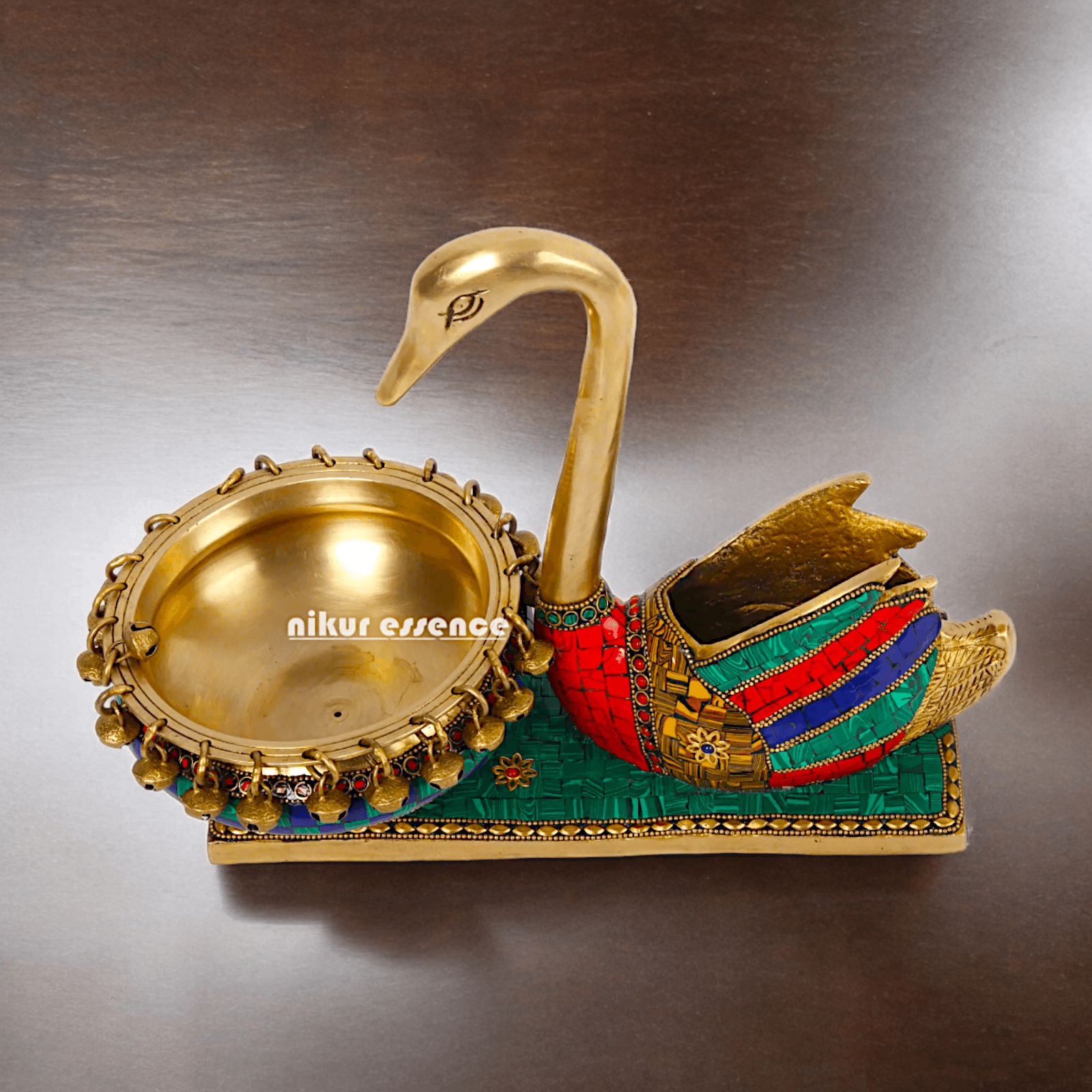 Online Buy brass Swan Urli Bowl with Intricate Inlay Work - Exquisite Handcrafted Decorative Centerpiece by Nikur Essence Idols Nikuressence