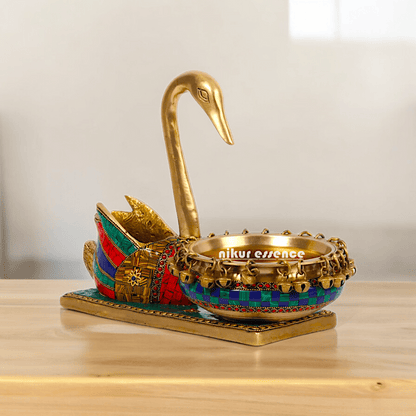 Online Buy brass Swan Urli Bowl with Intricate Inlay Work - Exquisite Handcrafted Decorative Centerpiece by Nikur Essence Idols Nikuressence