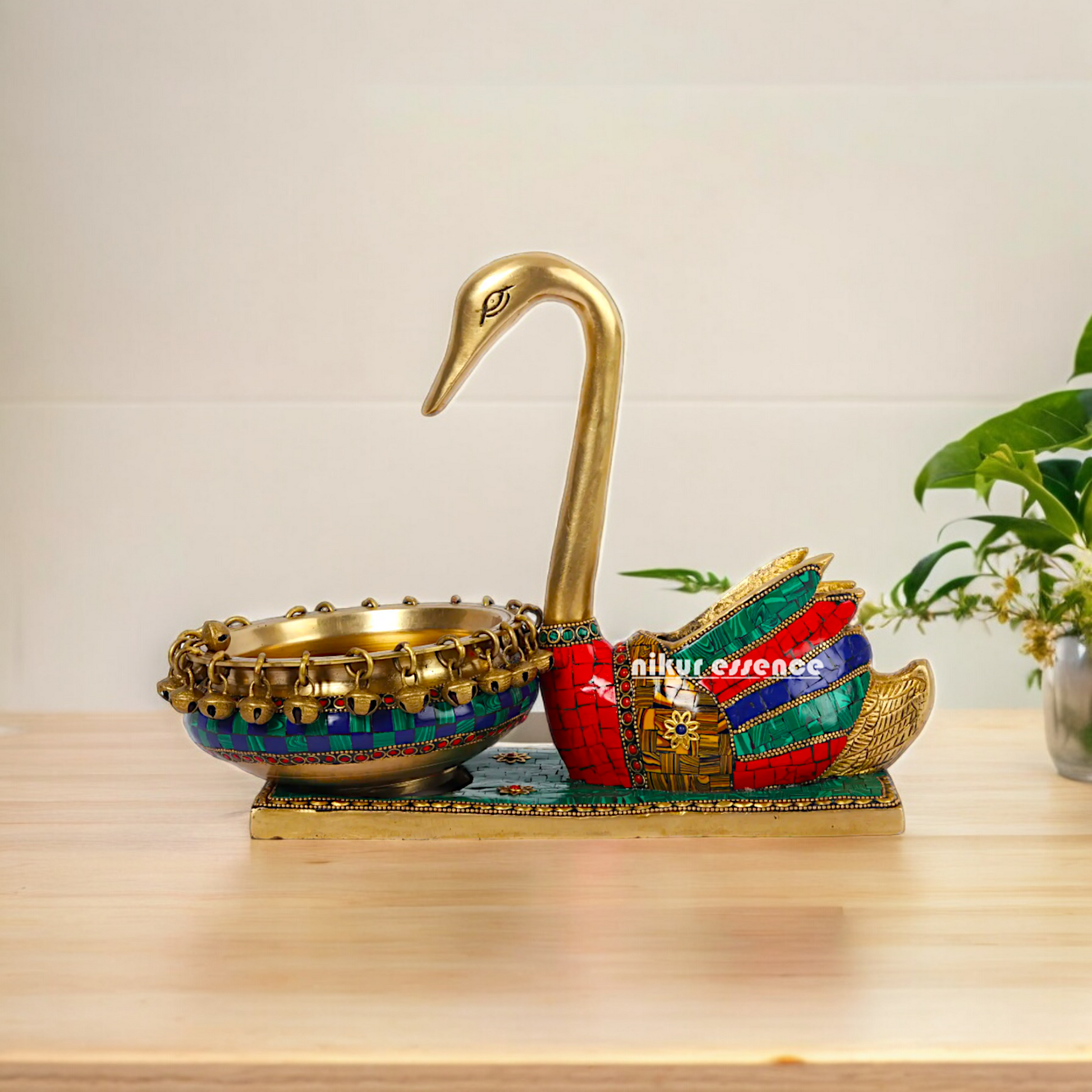 Online Buy brass Swan Urli Bowl with Intricate Inlay Work - Exquisite Handcrafted Decorative Centerpiece by Nikur Essence Idols Nikuressence