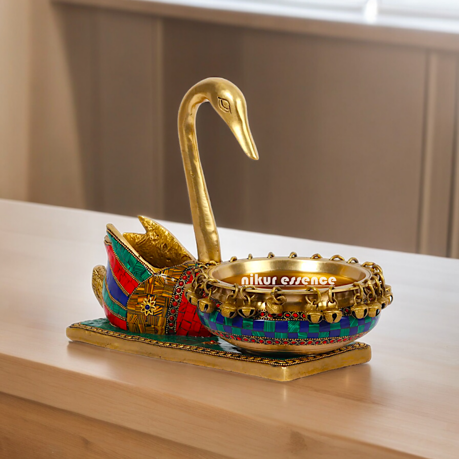 Online Buy brass Swan Urli Bowl with Intricate Inlay Work - Exquisite Handcrafted Decorative Centerpiece by Nikur Essence Idols Nikuressence