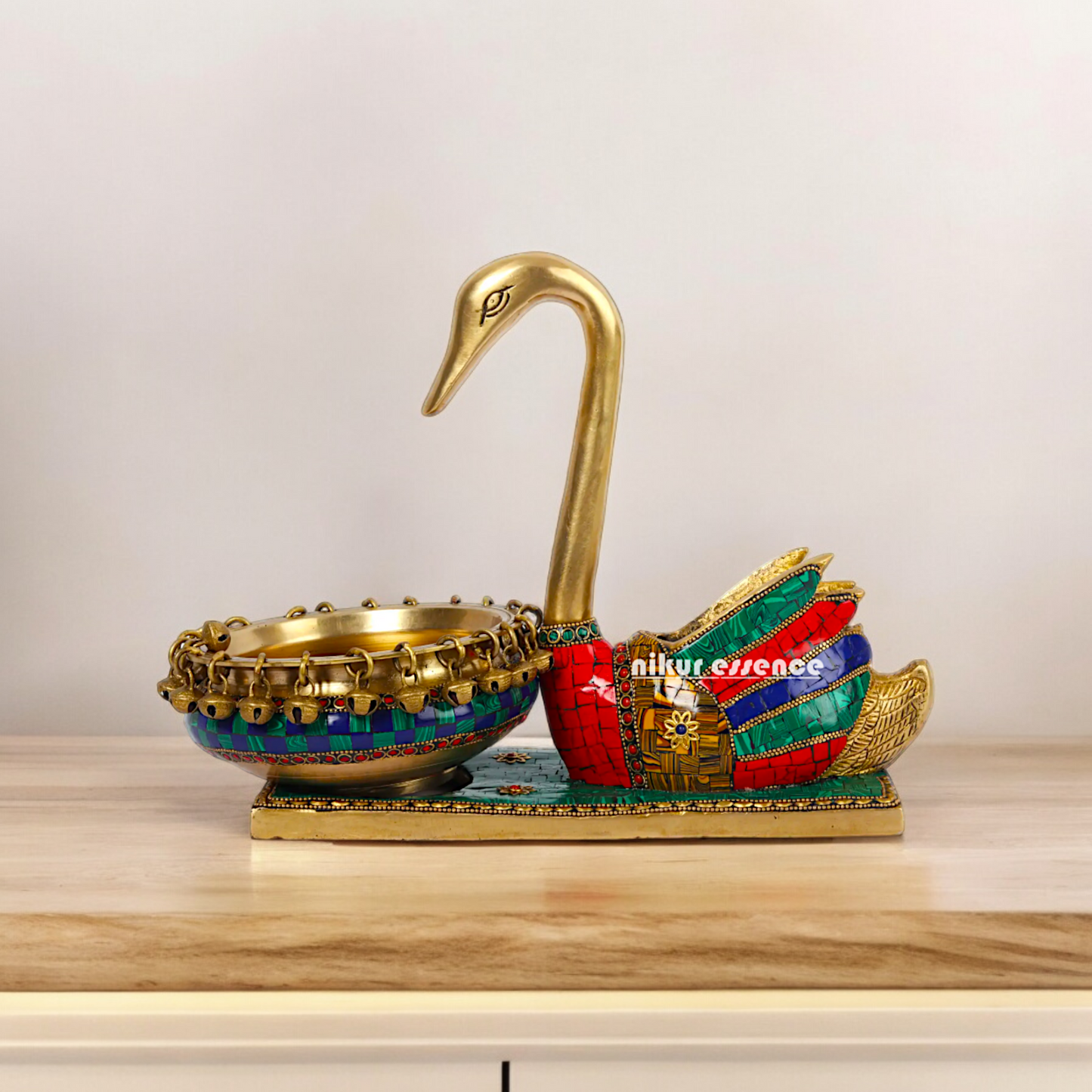 Online Buy brass Swan Urli Bowl with Intricate Inlay Work - Exquisite Handcrafted Decorative Centerpiece by Nikur Essence Idols Nikuressence