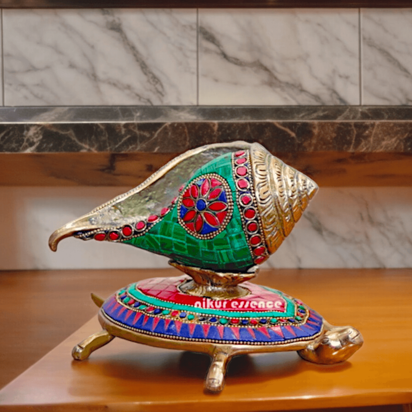 Online Brass Tortoise Stand Shank with stone work by Nikur Essence - 8 Inch