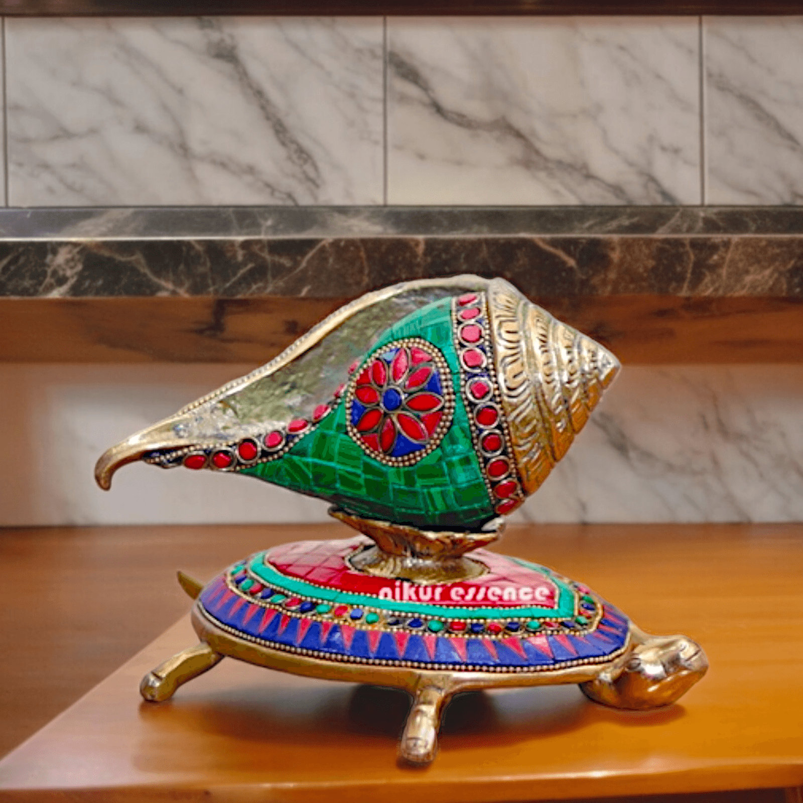 Online Brass Tortoise Stand Shank with stone work by Nikur Essence - 8 Inch