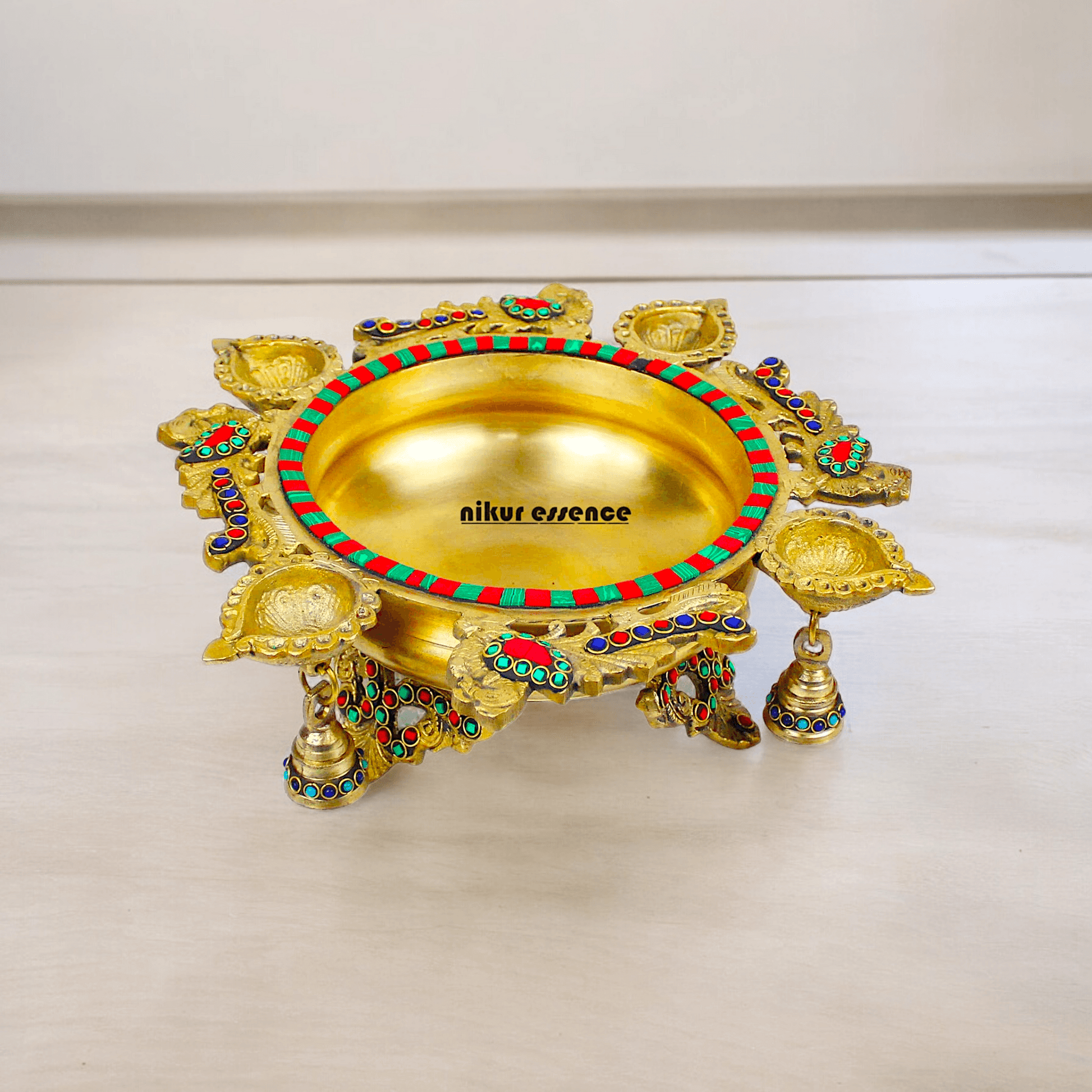 Online Buy Brass Urli Ethnic Traditional Bowl Vessel with Four Diyas – Handcrafted Decorative Centerpiece Idols Nikuressence