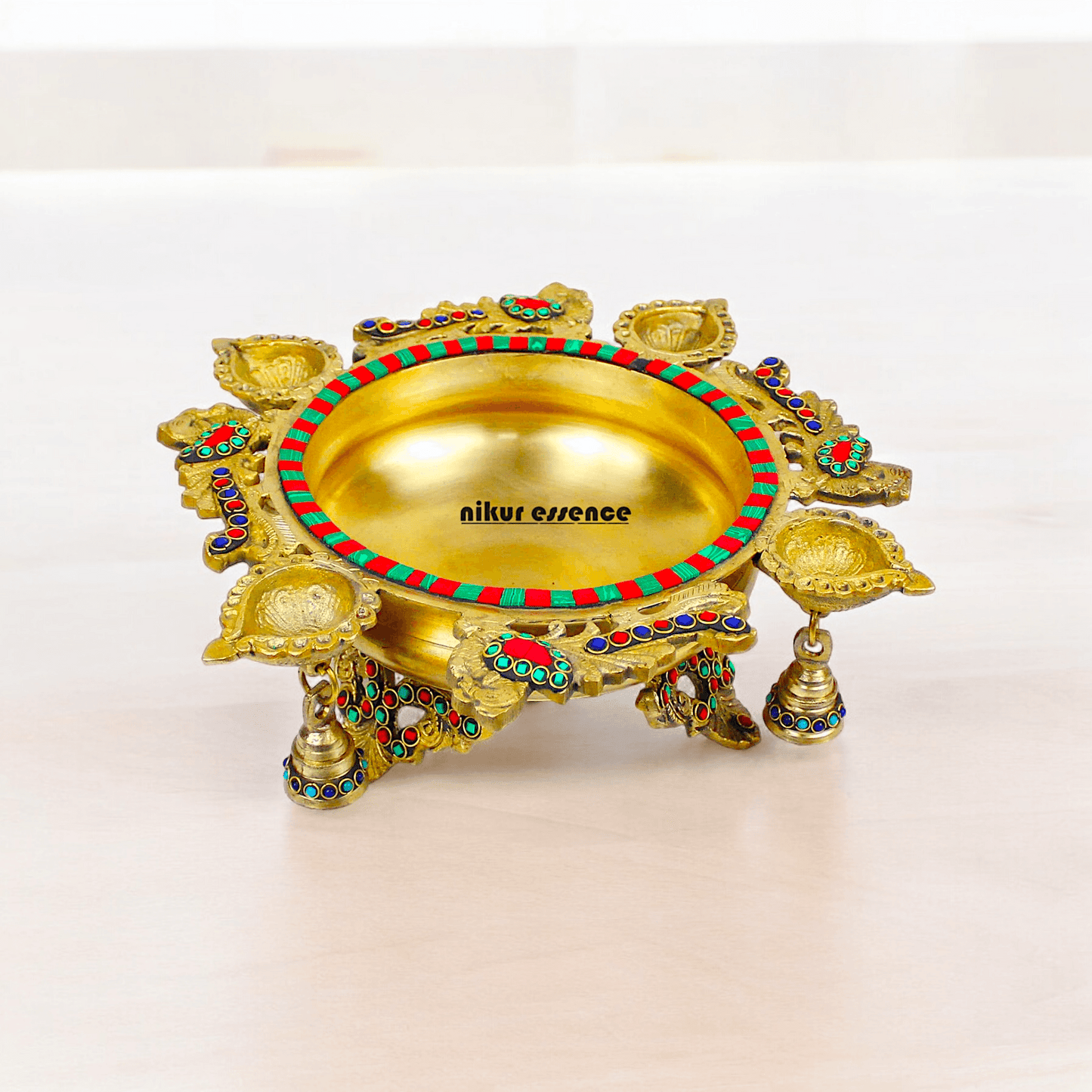 Online Buy Brass Urli Ethnic Traditional Bowl Vessel with Four Diyas – Handcrafted Decorative Centerpiece Idols Nikuressence