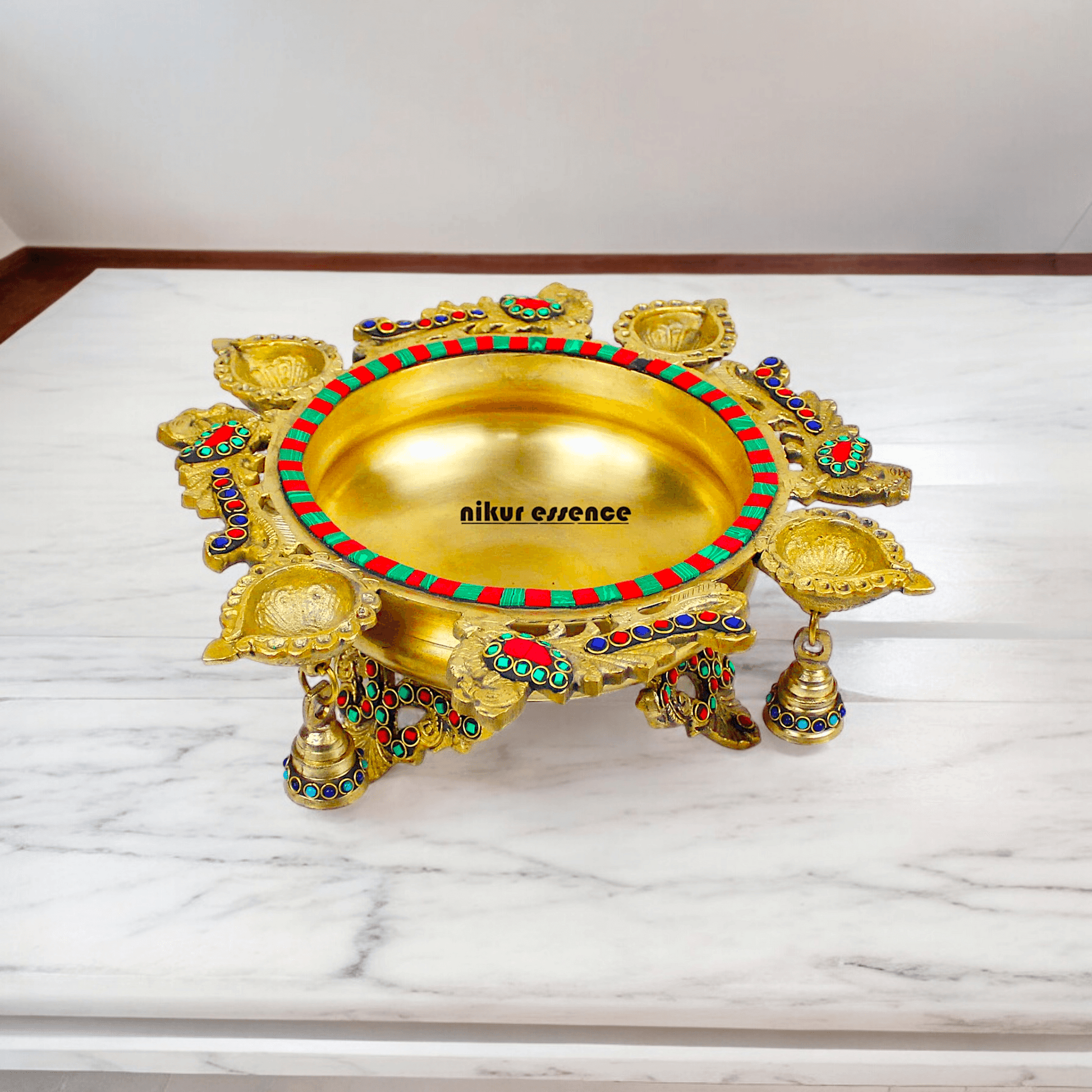 Online Buy Brass Urli Ethnic Traditional Bowl Vessel with Four Diyas – Handcrafted Decorative Centerpiece Idols Nikuressence