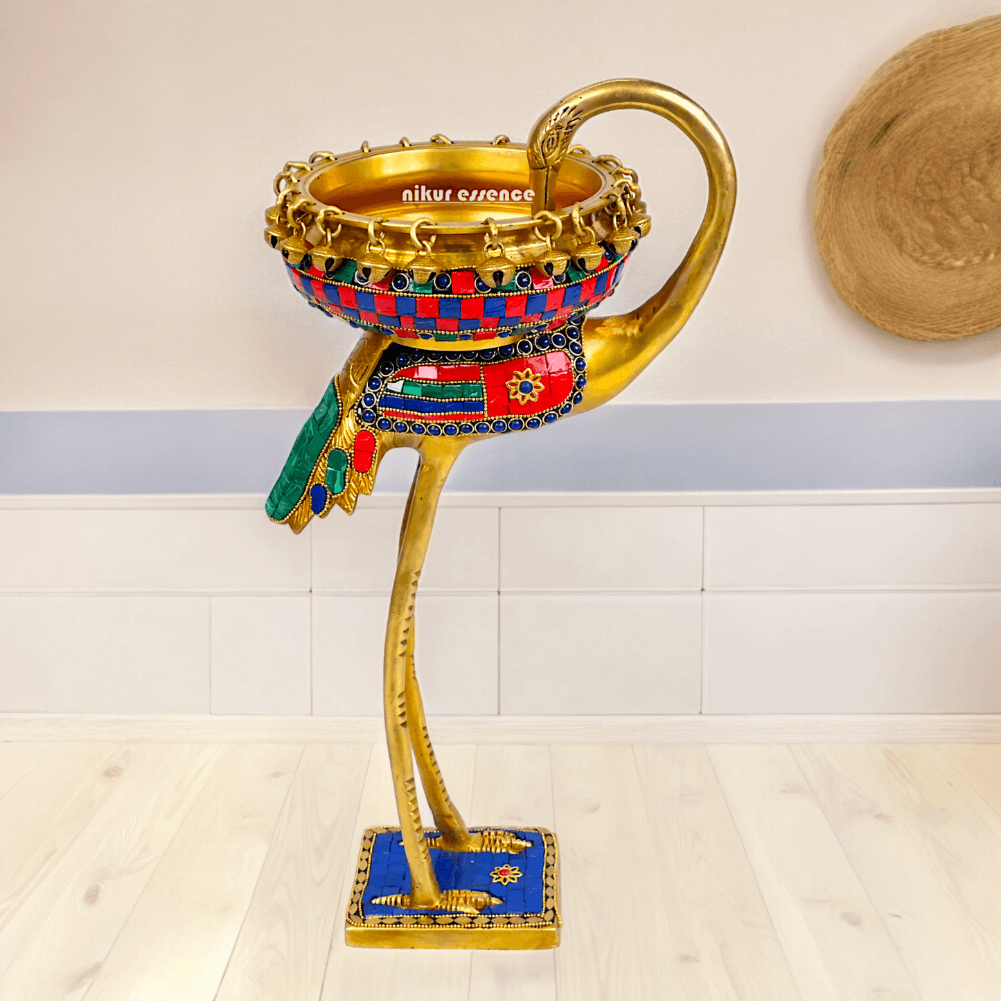 Buy brass 42 cm Flamingo Sculpture with Urli on Back – Brass Craftsmanship Featuring Intricate Inlay Work Decorative Art Piece Idols Nikuressence