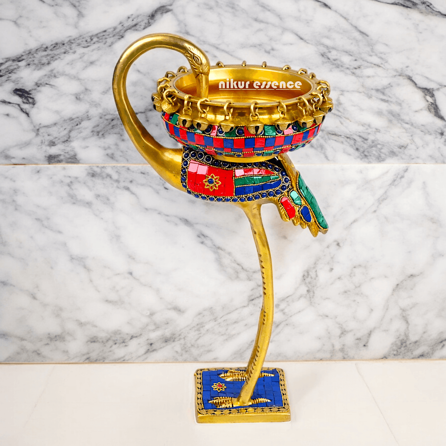 Buy brass 42 cm Flamingo Sculpture with Urli on Back – Brass Craftsmanship Featuring Intricate Inlay Work Decorative Art Piece Idols Nikuressence