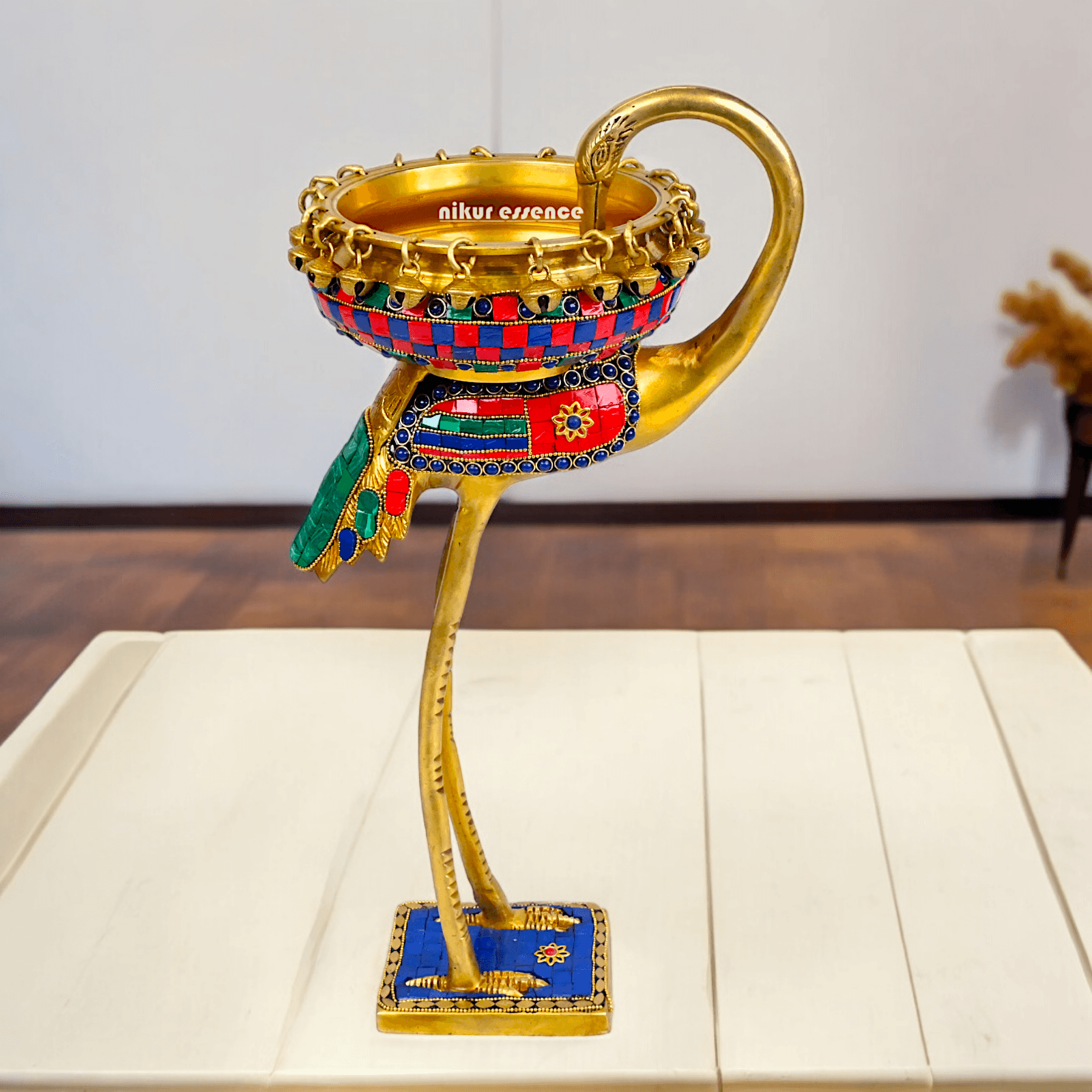 Buy brass 42 cm Flamingo Sculpture with Urli on Back – Brass Craftsmanship Featuring Intricate Inlay Work Decorative Art Piece Idols Nikuressence