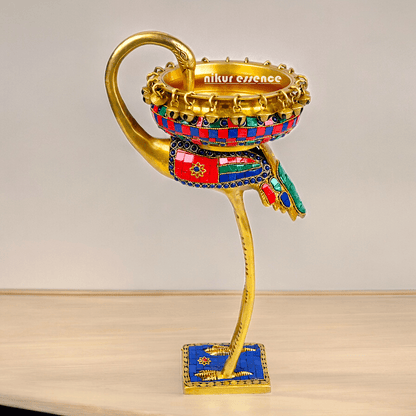 Buy brass 42 cm Flamingo Sculpture with Urli on Back – Brass Craftsmanship Featuring Intricate Inlay Work Decorative Art Piece Idols Nikuressence