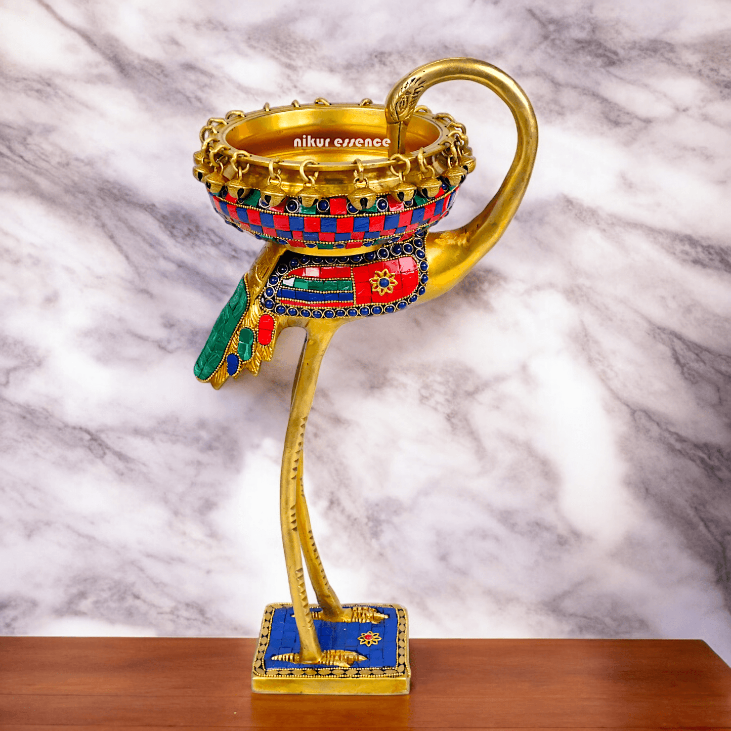 Buy brass 42 cm Flamingo Sculpture with Urli on Back – Brass Craftsmanship Featuring Intricate Inlay Work Decorative Art Piece Idols Nikuressence