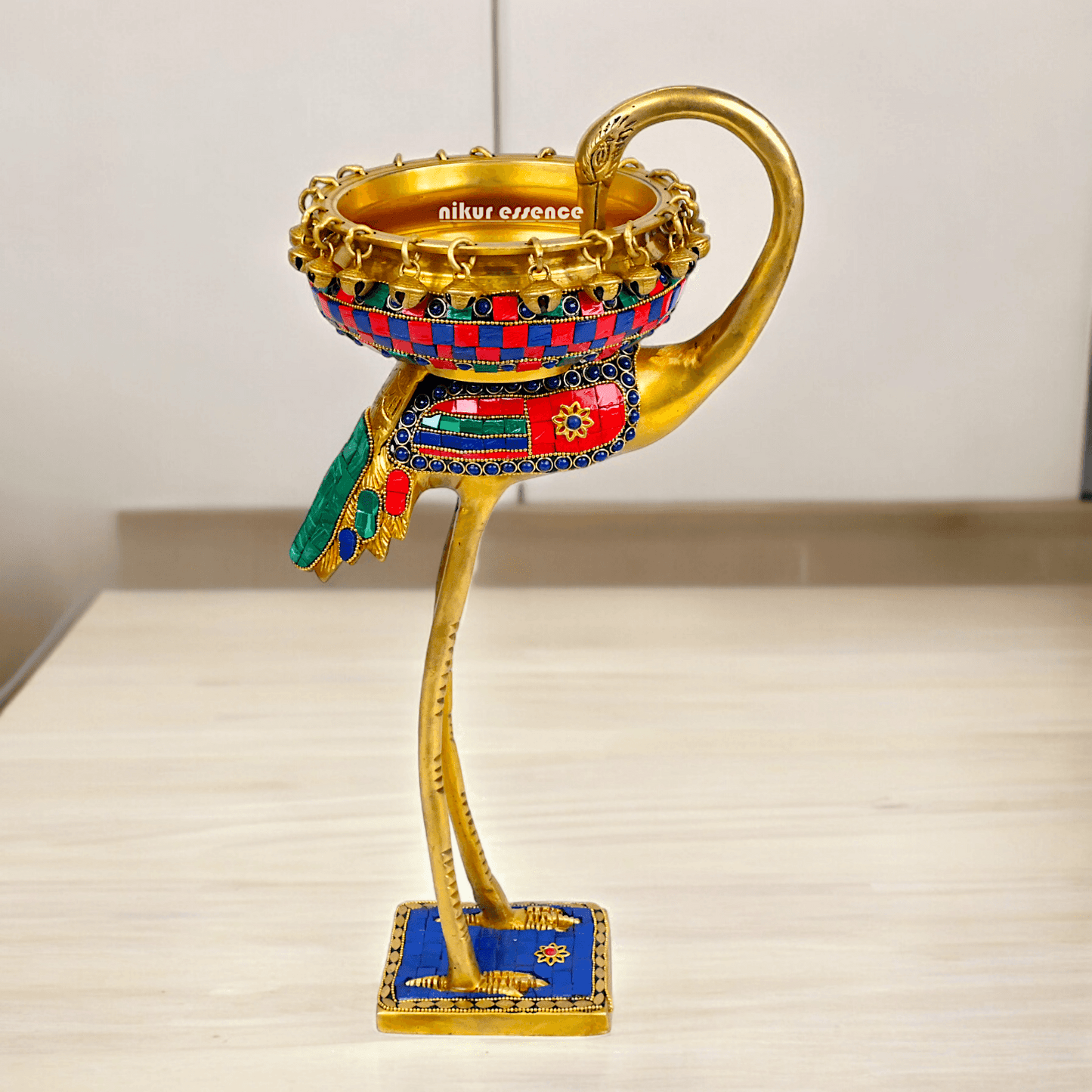 Buy brass 42 cm Flamingo Sculpture with Urli on Back – Brass Craftsmanship Featuring Intricate Inlay Work Decorative Art Piece Idols Nikuressence