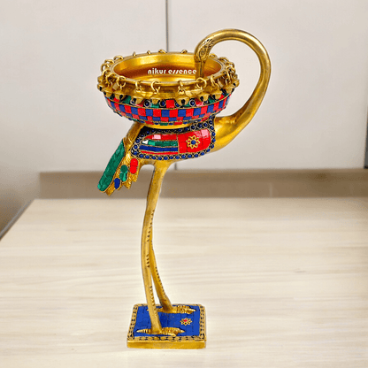 Buy brass 42 cm Flamingo Sculpture with Urli on Back – Brass Craftsmanship Featuring Intricate Inlay Work Decorative Art Piece Idols Nikuressence