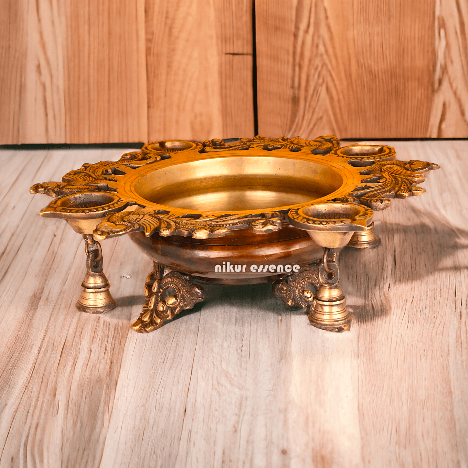 Brass Urli with Intricately Designed 4 Diya Holders for Festive Decor and Spiritual Ambiance Idols Nikuressence