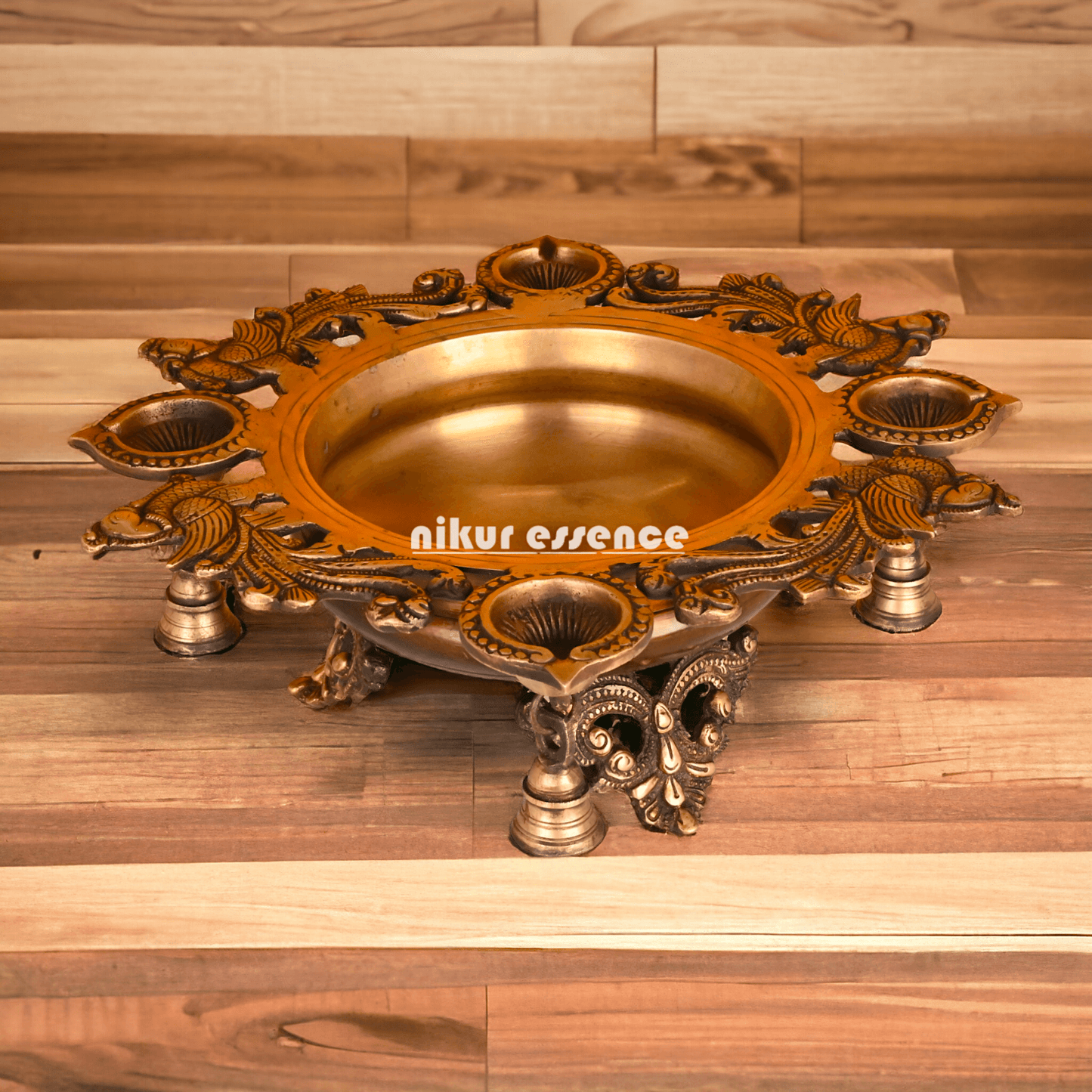 Brass Urli with Intricately Designed 4 Diya Holders for Festive Decor and Spiritual Ambiance Idols Nikuressence