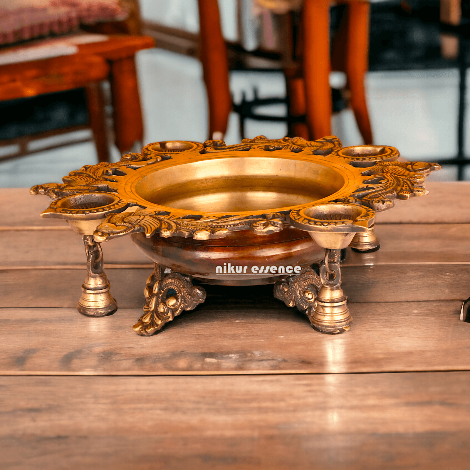 Brass Urli with Intricately Designed 4 Diya Holders for Festive Decor and Spiritual Ambiance Idols Nikuressence